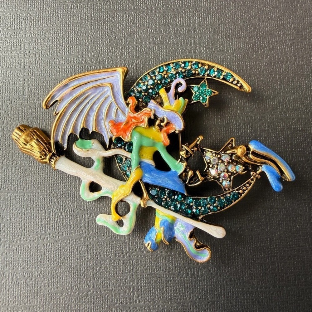 Whimsical Halloween Witch on Broomstick Brooch Teal Rhinestone Moon Star Pin